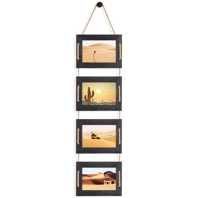 4X6 HANGING COLLAGE PICTURE FRAMES WALL DECOR 4OPENING 4X6 PHOTO WITHOUT MAT RUSTIC WOOD FRAME WITH HEMP ROPE 1 PACK WEATHERED BLACK