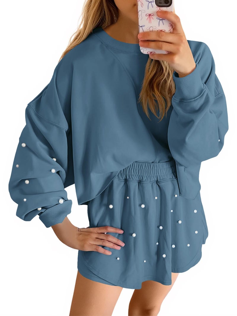 Fisoew Womens Lounge Sets 2 Piece Outfits Decor Pearl Long Sleeve Sweatshirt Skort Skirt Tracksuits Shorts Sets - Image 1