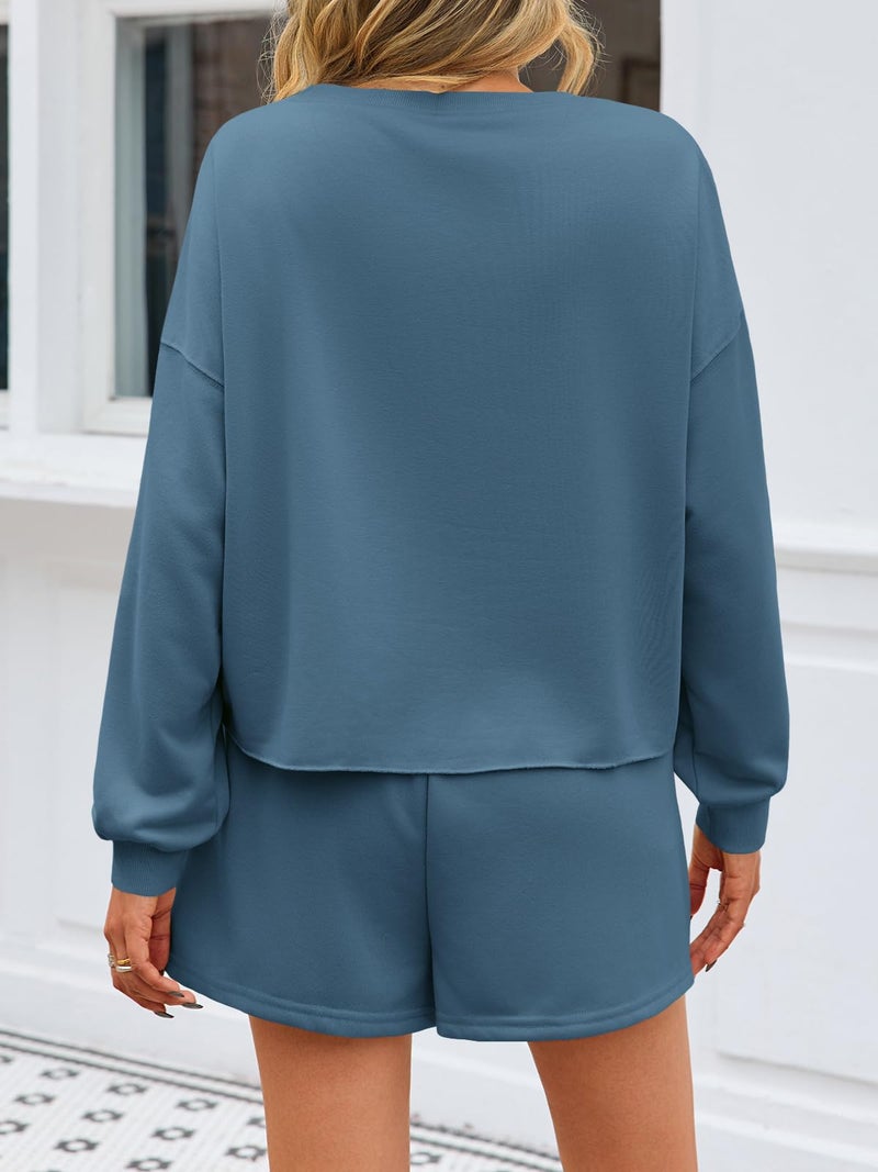 Fisoew Womens Lounge Sets 2 Piece Outfits Decor Pearl Long Sleeve Sweatshirt Skort Skirt Tracksuits Shorts Sets - Image 3