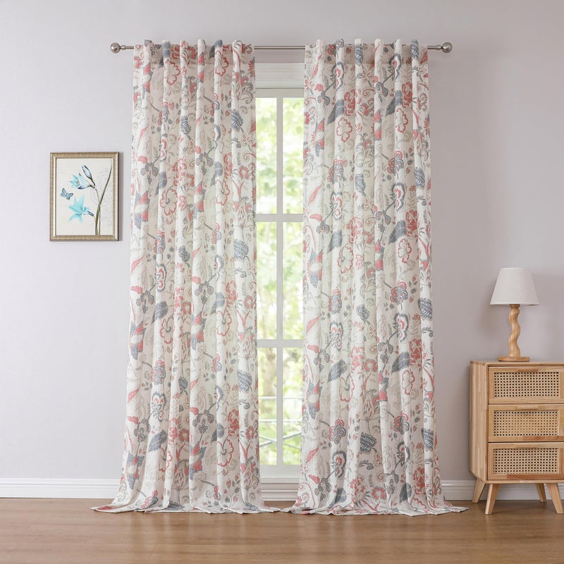 Kayne Studio Botanical Semi Sheer Jacobean CurtainsNavy Red Floral Farmhouse Linen Curtain DrapesLight Filtering Farmhouse Curtains for Living Room and Bedroom Rod Pocket Back Tab52x952 Panels