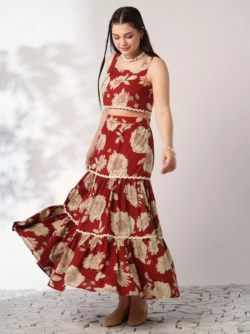 globus Women Red Floral Print Square Neck Lace Insert Crop Top With Tiered Maxi Skirt Ethnic Co-Ord Set