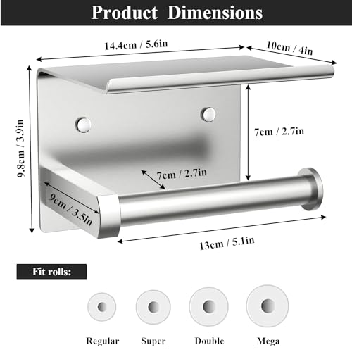 Tindbea Toilet Paper Holder with Phone Shelf, Adhesive or Screw Wall Mount Toilet Tissue Roll Holder, Rustproof & Multifunctional Stainless Steel Bathroom Storage Dispenser (Brushed Nickel) - Image 3