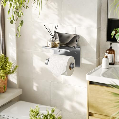 Tindbea Toilet Paper Holder with Phone Shelf, Adhesive or Screw Wall Mount Toilet Tissue Roll Holder, Rustproof & Multifunctional Stainless Steel Bathroom Storage Dispenser (Brushed Nickel) - Image 2