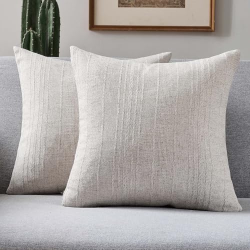 FUTEI Natural Decorative Throw Pillow Covers 18x18 Inch Set of 2Soft Linen Striped Texture Cushion CaseFarmhouse Home Decor for Couch Bed Living Room - Image 1