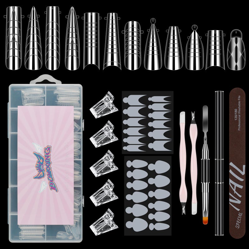 BOMOQING Nail Dual Forms for Poly Gel Set, 12 Styles 12 Sizes Nail Mold Extension Forms, 144Pcs Full Cover False Nail Tips, Duet System with 5pcs Nail Clips Nail Brush Nail Files Cuticle Trimmer - Image 1