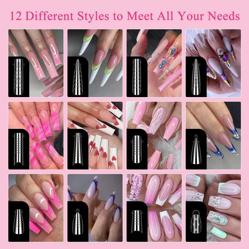 BOMOQING Nail Dual Forms for Poly Gel Set, 12 Styles 12 Sizes Nail Mold Extension Forms, 144Pcs Full Cover False Nail Tips, Duet System with 5pcs Nail Clips Nail Brush Nail Files Cuticle Trimmer - Image 3