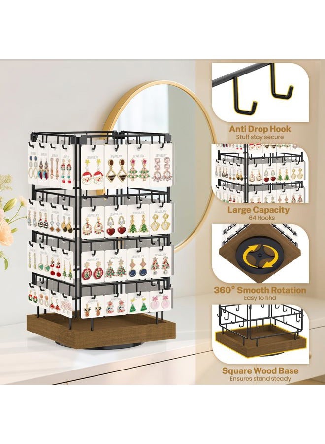 MODOWEY Earring Display Holder Stands, 360 Rotating Earring Organizer for Selling Vendors, 64 Hooks Jewelry Towers Storage for Earring Cards Necklaces Rings (Brown) - Image 4