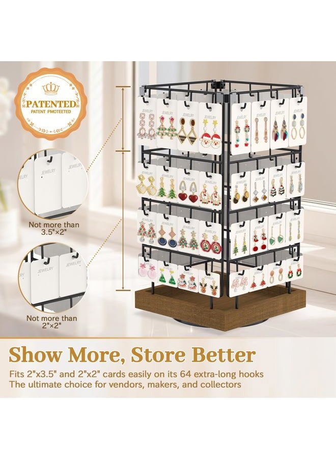MODOWEY Earring Display Holder Stands, 360 Rotating Earring Organizer for Selling Vendors, 64 Hooks Jewelry Towers Storage for Earring Cards Necklaces Rings (Brown) - Image 3