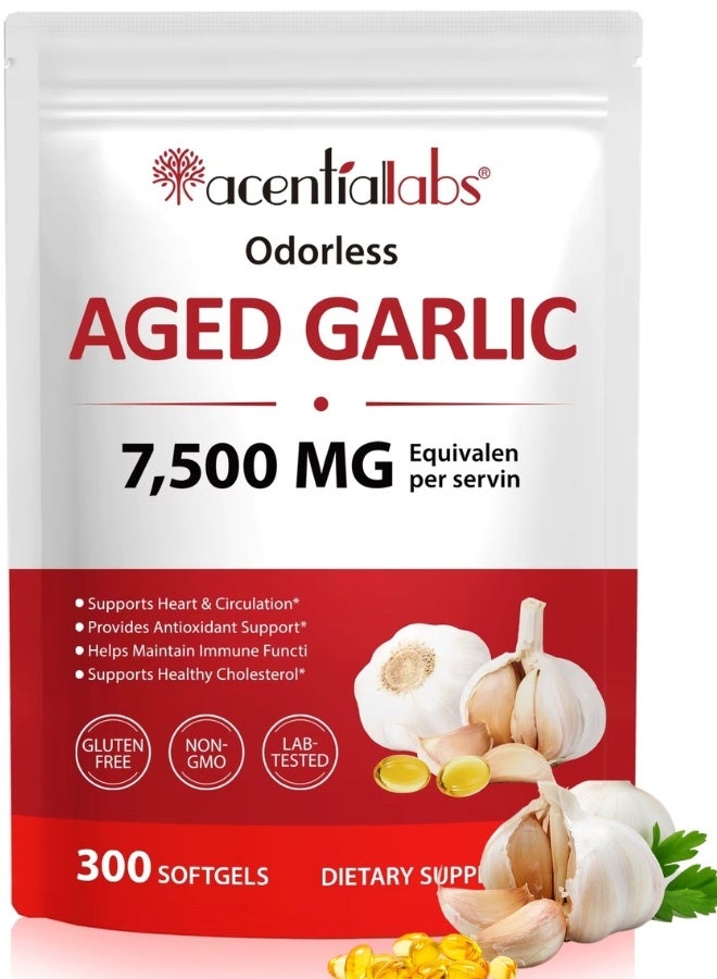 Acentiallabs 300 Pcs Aged Garlic Extract Capsules 7500mg Odorless Organic Aged Garlic Supplement for Heart, Traditional Herbal Support, 2-Year Matured for Overall Wellness, Non-GMO, Gluten Free - Image 1