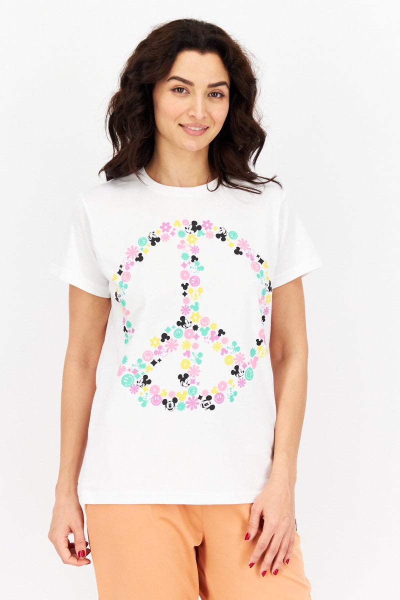 MICKEY MOUSE تي شيرت نسائي بأكمام قصيرة وياقة دائرية مطبوعة، مجموعة بيضاء - Image 1