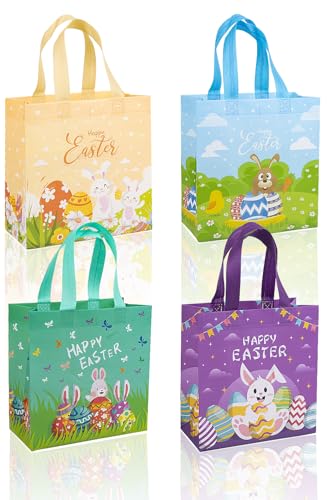 Jaywayang 4Pcs Happy Easter Gift Bags, Easter Non-woven Bags with Handle, Reusable Goodie Bags for Kids, Rabbit Bunny Treat Bags, Party Supplies. - Image 1
