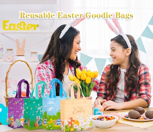 Jaywayang 4Pcs Happy Easter Gift Bags, Easter Non-woven Bags with Handle, Reusable Goodie Bags for Kids, Rabbit Bunny Treat Bags, Party Supplies. - Image 4