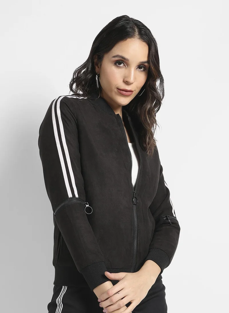 Campus Sutra Women's Black Zip-Front Bomber Jacket With Contrast Striped Sleeves