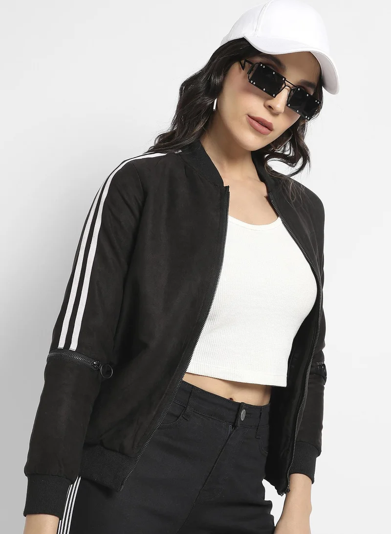 Campus Sutra Women's Black Zip-Front Bomber Jacket With Contrast Striped Sleeves