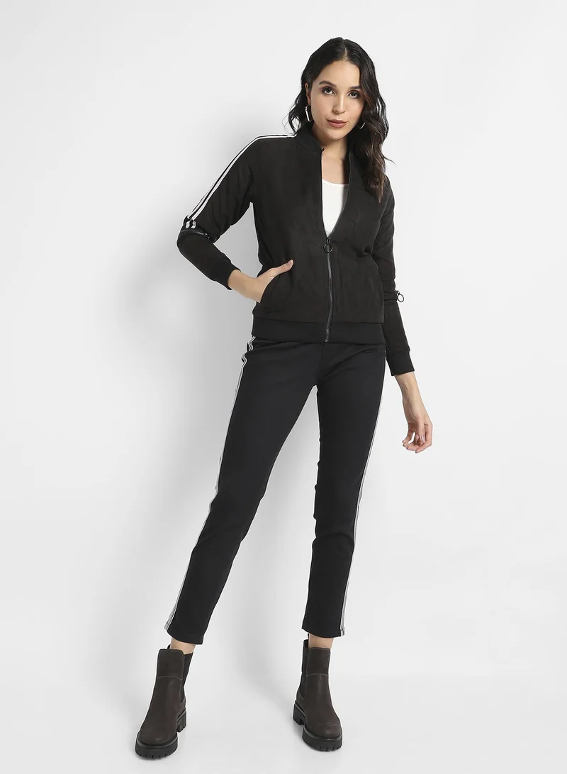 Campus Sutra Women's Black Zip-Front Bomber Jacket With Contrast Striped Sleeves