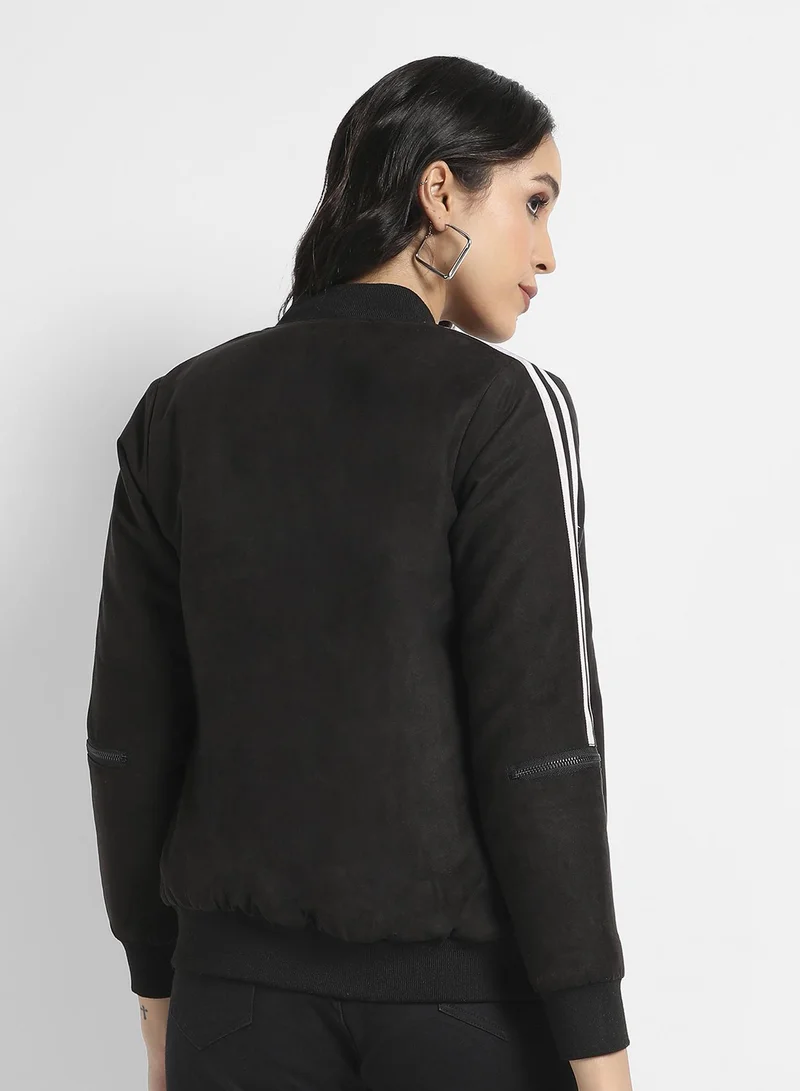 Campus Sutra Women's Black Zip-Front Bomber Jacket With Contrast Striped Sleeves
