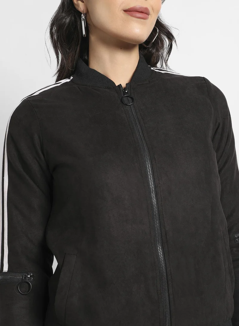 Campus Sutra Women's Black Zip-Front Bomber Jacket With Contrast Striped Sleeves