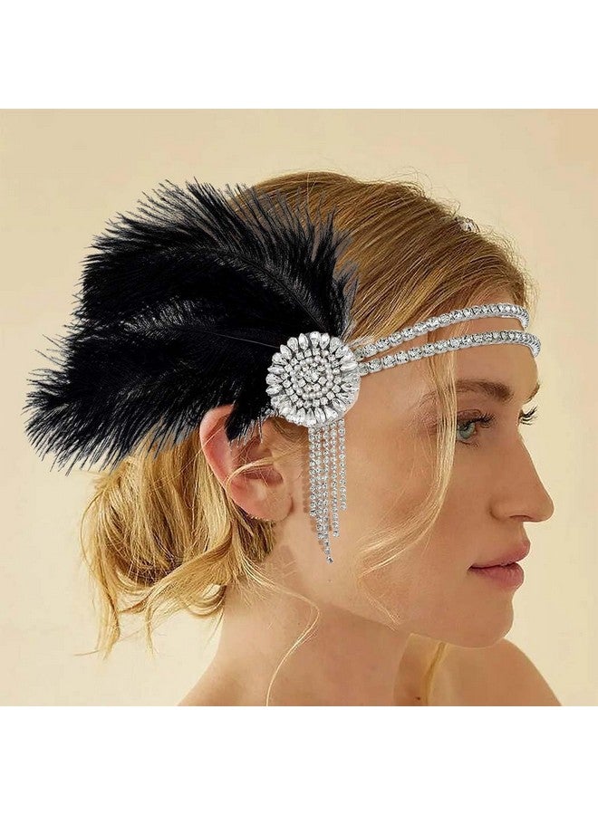 Gangel 1920S Flapper Headbands Rhinestone Flower Hairband Gatsby Vintage Feather Headpiece Black Cocktail Headwear 20S Gatsby Hair Accessories For Women And Girls (Style B) - Image 1