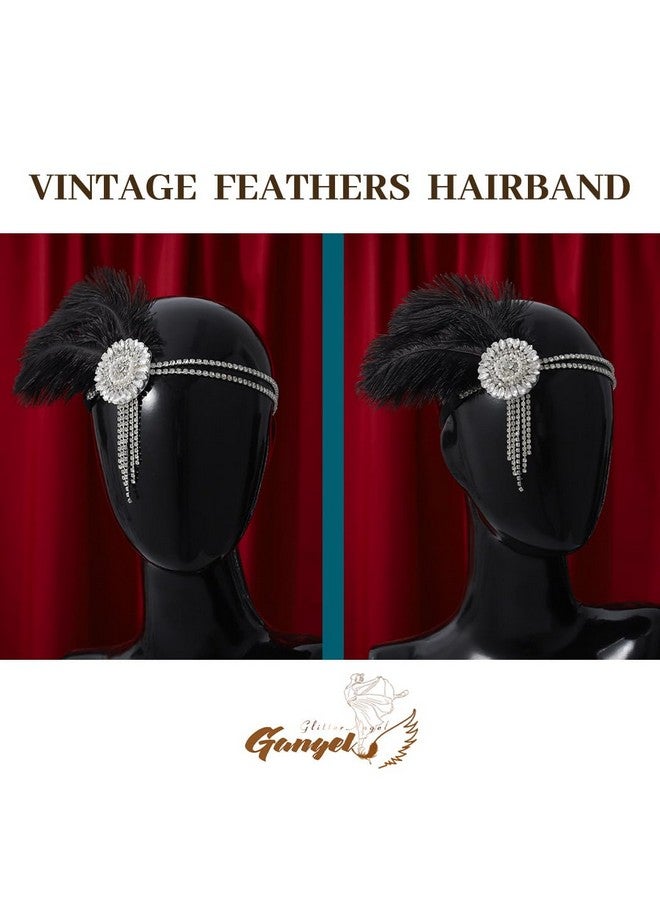 Gangel 1920S Flapper Headbands Rhinestone Flower Hairband Gatsby Vintage Feather Headpiece Black Cocktail Headwear 20S Gatsby Hair Accessories For Women And Girls (Style B) - Image 2