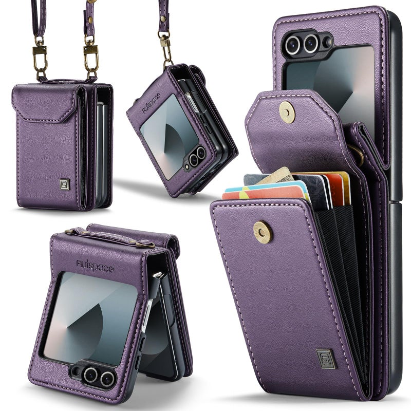 ASAPDOS Crossbody Case Compatible with Samsung Galaxy Z Flip 6/Z Flip 7 FE,Retro PU Leather Strap Wristlet Flip Case with Magnetic Closure and Card Holder for Men Women Purple - Image 1