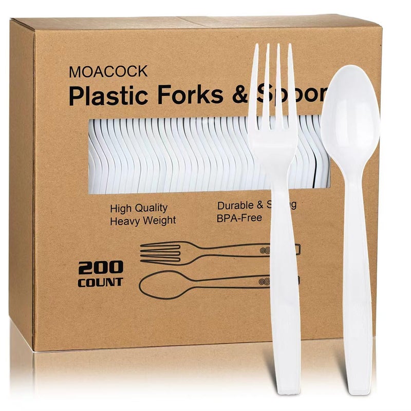 MOACOCK 200 Count White Plastic Silverware Heavy Weight Plastic Forks Spoons Disposable Utensils Cutlery Set for Wedding Party Supplies Everyday Use