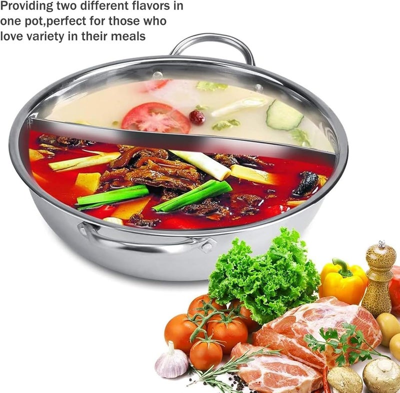 Alark وعاء ساخن مزدوج من الفولاذ المقاوم للصدأ مع فاصل لنكهتين شوربة ين يانغ طباخ شابو شابو صيني مع مقHandles مزدوجة متوافق مع الغاز والحث للطهي من الجانبين للمنزل والمطبخ ومطعم العائلة. - Image 4