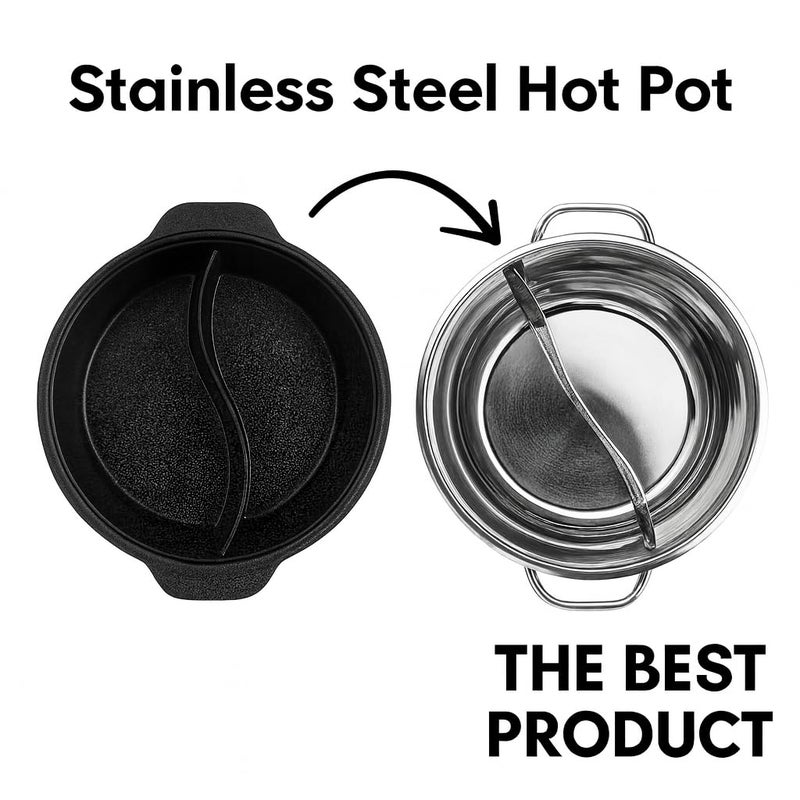 Alark وعاء ساخن مزدوج من الفولاذ المقاوم للصدأ مع فاصل لنكهتين شوربة ين يانغ طباخ شابو شابو صيني مع مقHandles مزدوجة متوافق مع الغاز والحث للطهي من الجانبين للمنزل والمطبخ ومطعم العائلة. - Image 3