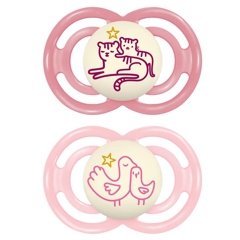 MAM Perfect Night Baby Pacifier, Patented Nipple, Glows in The Dark, 2 Pack, 6-16 Months, Girl - Image 1