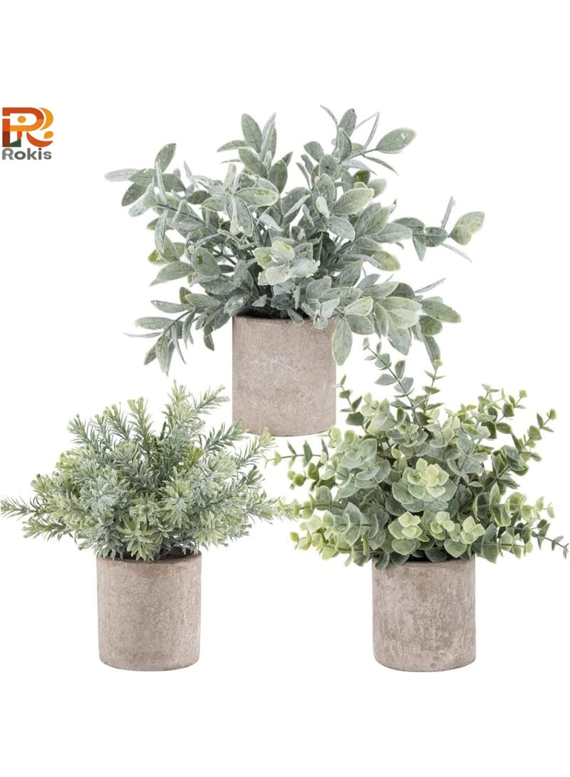 Rokis Small Artificial Plants Fake Potted Plant, Mini Artificial Plastic Eucalyptus Plants Potted Faux Plants Indoor for Desk Bathroom Bedroom Home Office Greenery Decoration 3pcs - Image 1