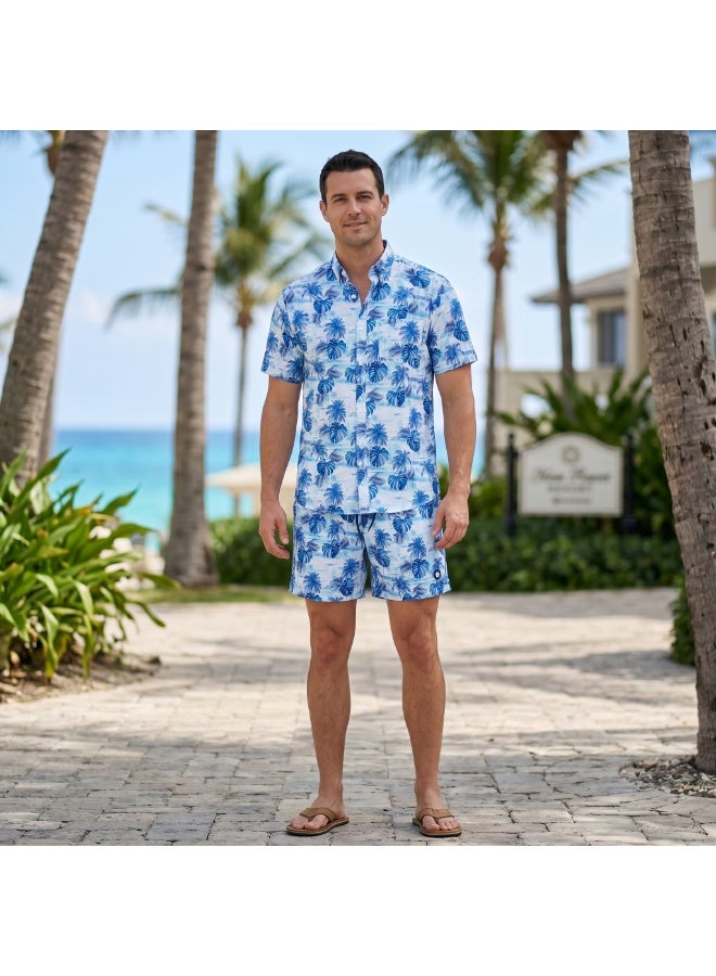 IceZone Men's 2 Piece Matching Set, Blue Lagoon Palm Tree Print, Short Sleeve Button Up Shirt & Quick Dry Swim Shorts, Summer Beach Outfit - Image 1