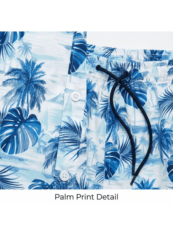 IceZone Men's 2 Piece Matching Set, Blue Lagoon Palm Tree Print, Short Sleeve Button Up Shirt & Quick Dry Swim Shorts, Summer Beach Outfit - Image 2