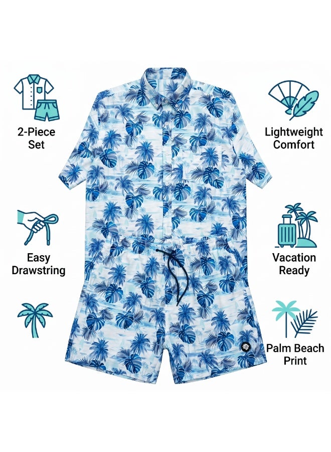 IceZone Men's 2 Piece Matching Set, Blue Lagoon Palm Tree Print, Short Sleeve Button Up Shirt & Quick Dry Swim Shorts, Summer Beach Outfit - Image 3