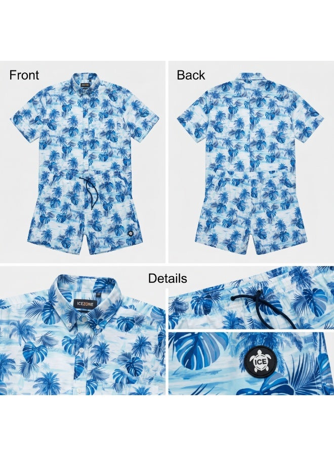IceZone Men's 2 Piece Matching Set, Blue Lagoon Palm Tree Print, Short Sleeve Button Up Shirt & Quick Dry Swim Shorts, Summer Beach Outfit - Image 4