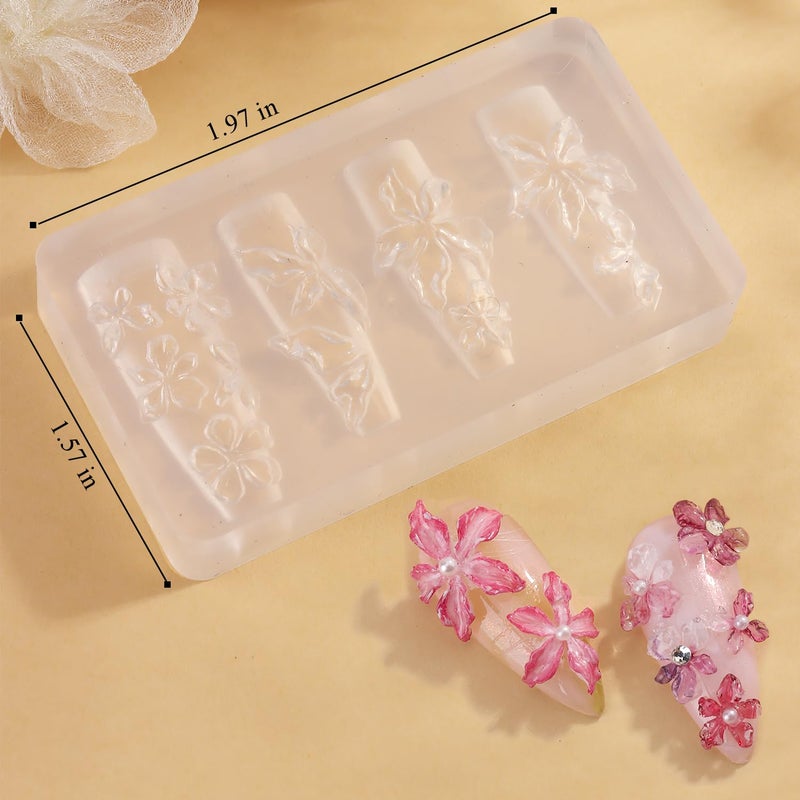 FSpronail Silicone Nail Molds, 2PCS Reusable Clear 3D Flowers Nail Art Molds with Carving Pen Cherry Blossom Plumeria Hibiscus Flower Nail Design Manicure Template DIY Charms Resin Craft Accessories - Image 3