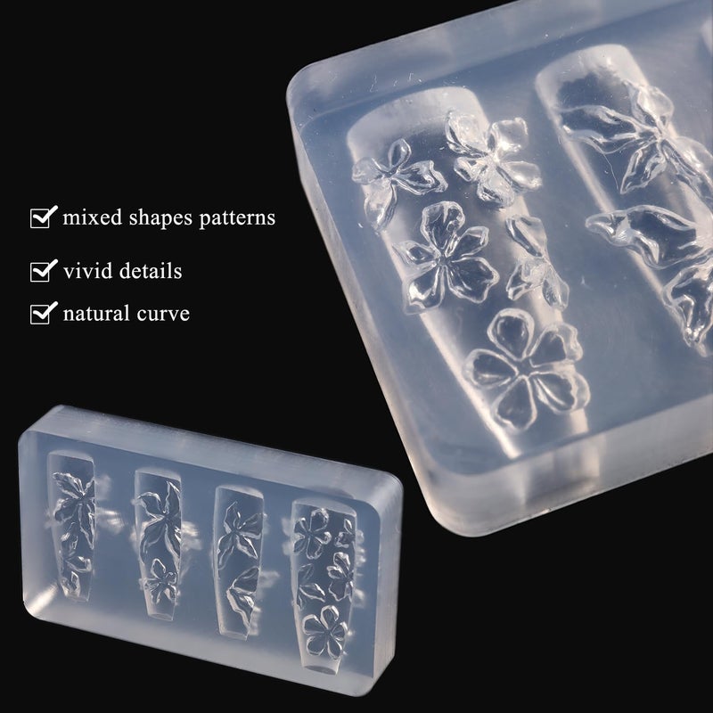 FSpronail Silicone Nail Molds, 2PCS Reusable Clear 3D Flowers Nail Art Molds with Carving Pen Cherry Blossom Plumeria Hibiscus Flower Nail Design Manicure Template DIY Charms Resin Craft Accessories - Image 4