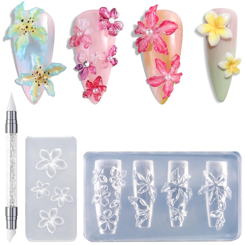 FSpronail Silicone Nail Molds, 2PCS Reusable Clear 3D Flowers Nail Art Molds with Carving Pen Cherry Blossom Plumeria Hibiscus Flower Nail Design Manicure Template DIY Charms Resin Craft Accessories - Image 1