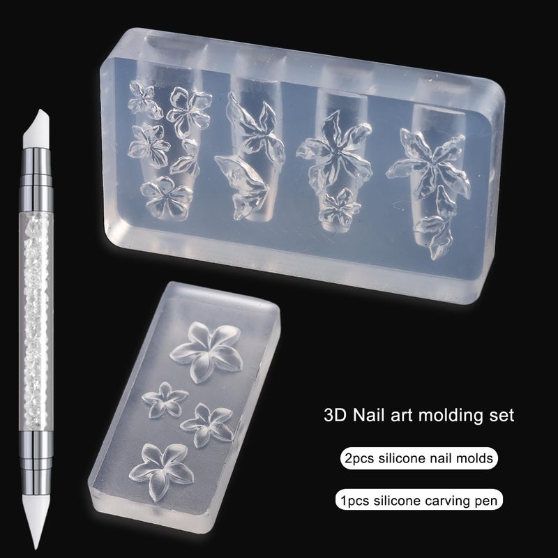 FSpronail Silicone Nail Molds, 2PCS Reusable Clear 3D Flowers Nail Art Molds with Carving Pen Cherry Blossom Plumeria Hibiscus Flower Nail Design Manicure Template DIY Charms Resin Craft Accessories - Image 2