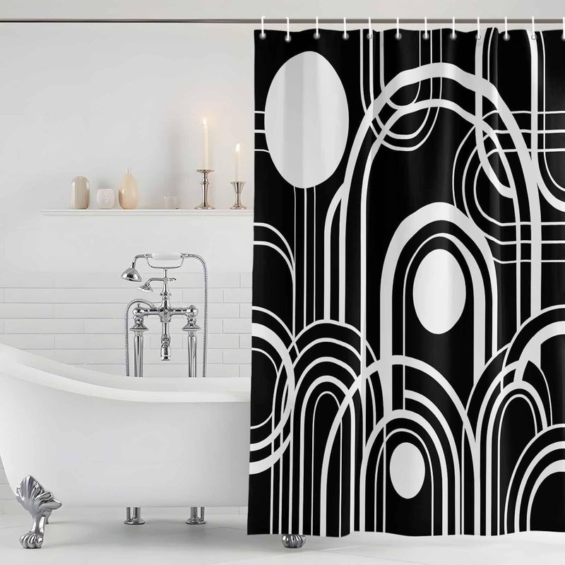 Black White Shower Curtain with 12 Hooks Abstract Line Boho Minimalist Mid Century Arch Geometric Waterproof Fabric Shower Curtains Sets for Bathroom Bath Decorations, Machine Washable, 66"x72" - Image 5