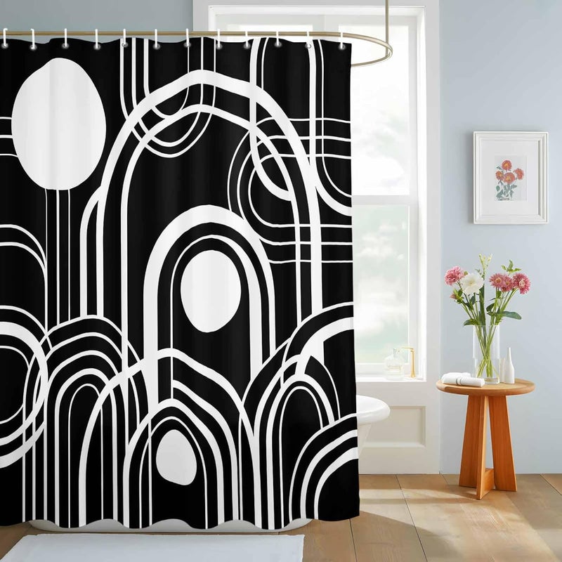 Black White Shower Curtain with 12 Hooks Abstract Line Boho Minimalist Mid Century Arch Geometric Waterproof Fabric Shower Curtains Sets for Bathroom Bath Decorations, Machine Washable, 66"x72" - Image 3