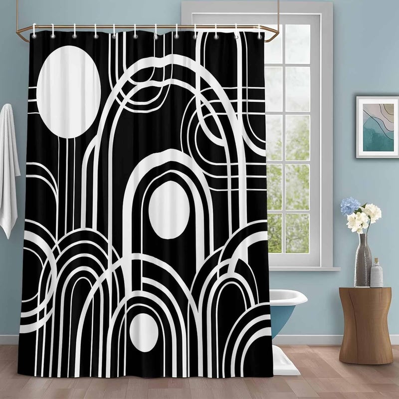 Black White Shower Curtain with 12 Hooks Abstract Line Boho Minimalist Mid Century Arch Geometric Waterproof Fabric Shower Curtains Sets for Bathroom Bath Decorations, Machine Washable, 66"x72" - Image 1