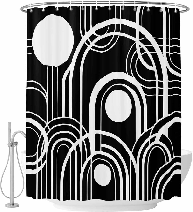Black White Shower Curtain with 12 Hooks Abstract Line Boho Minimalist Mid Century Arch Geometric Waterproof Fabric Shower Curtains Sets for Bathroom Bath Decorations, Machine Washable, 66"x72" - Image 2