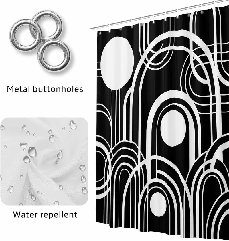 Black White Shower Curtain with 12 Hooks Abstract Line Boho Minimalist Mid Century Arch Geometric Waterproof Fabric Shower Curtains Sets for Bathroom Bath Decorations, Machine Washable, 66"x72" - Image 4