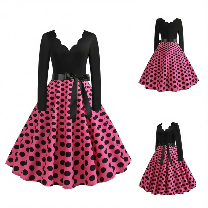 50s V-Neck Burnout Polka Dot Long Sleeve Printed Flared Dress - Image 1