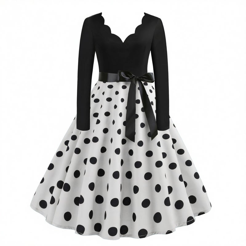 50s V-Neck Burnout Polka Dot Long Sleeve Printed Flared Dress - Image 3
