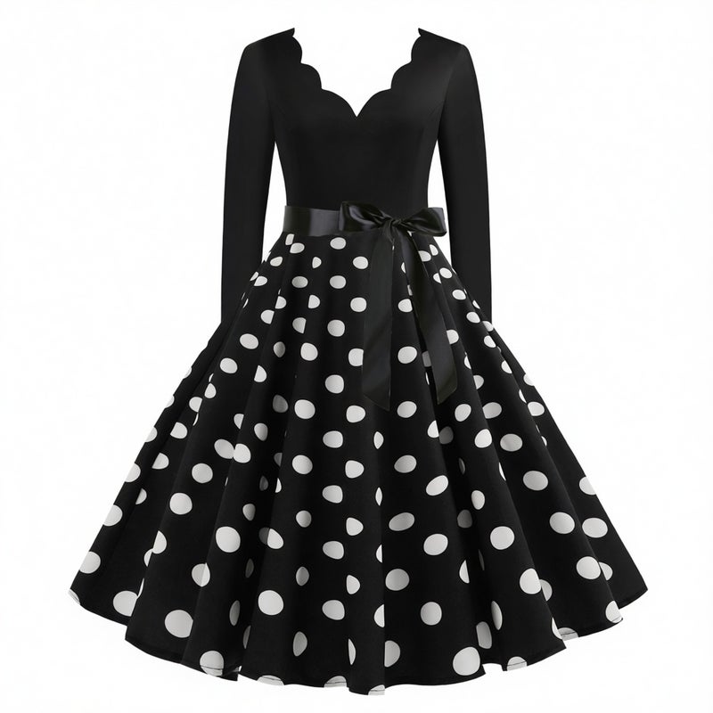 50s V-Neck Burnout Polka Dot Long Sleeve Printed Flared Dress - Image 5