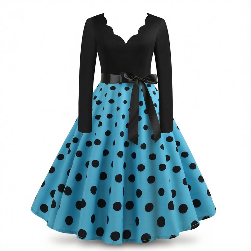 50s V-Neck Burnout Polka Dot Long Sleeve Printed Flared Dress - Image 2