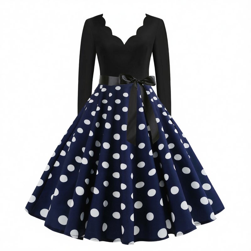 50s V-Neck Burnout Polka Dot Long Sleeve Printed Flared Dress - Image 4