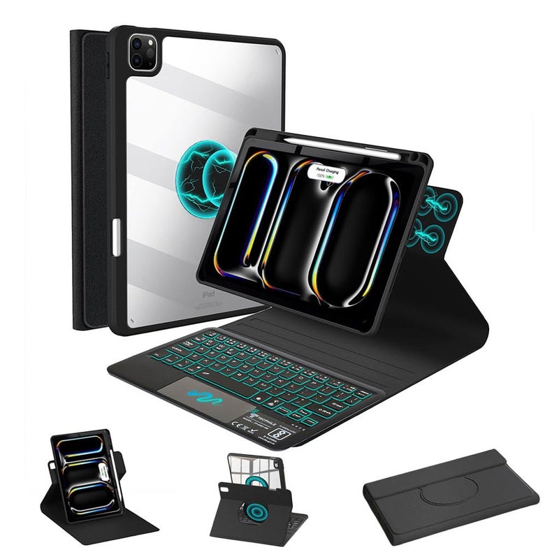 TECPHILE Keyboard Case for iPad Pro 13 inch M4 2024 with 7-Colors Backlit, Large Touchpad, 360° Rotating Viewing Angle, Folio & Adjustable Viewing Angle, Transparent Cover, Pencil Holder (Black) - Image 1