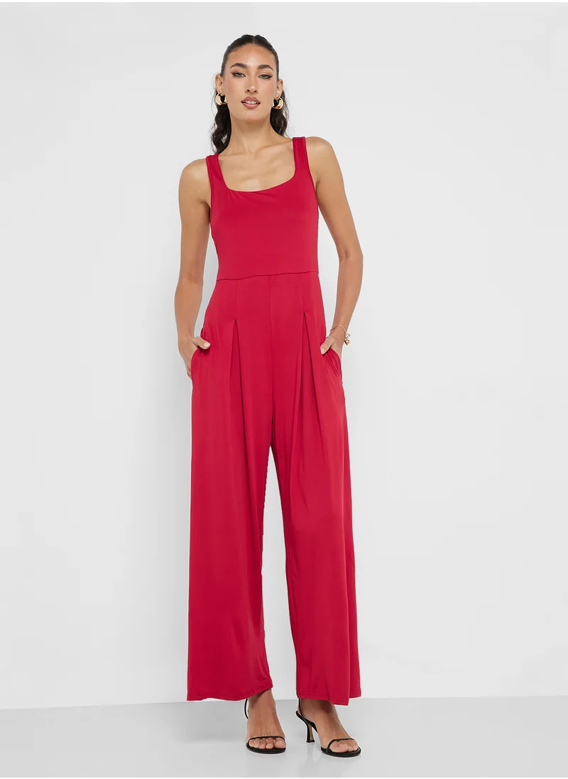 جينجر Square Neck Knitted Wide Leg Jumpsuit