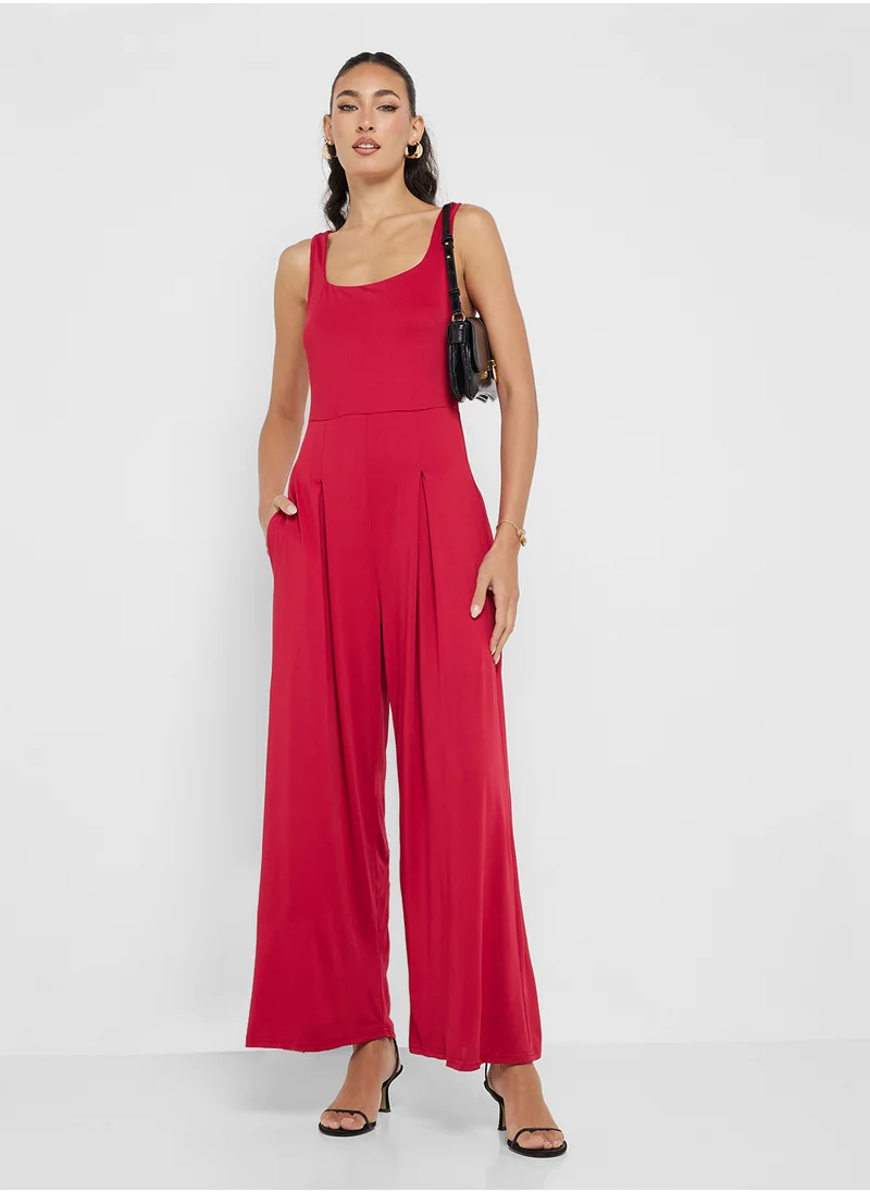 جينجر Square Neck Knitted Wide Leg Jumpsuit